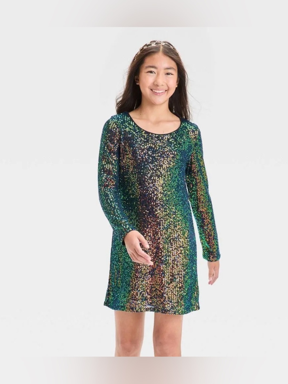 art class Girls' Iridescent Sequin Long-Sleeve Dress - Green Blue Multi